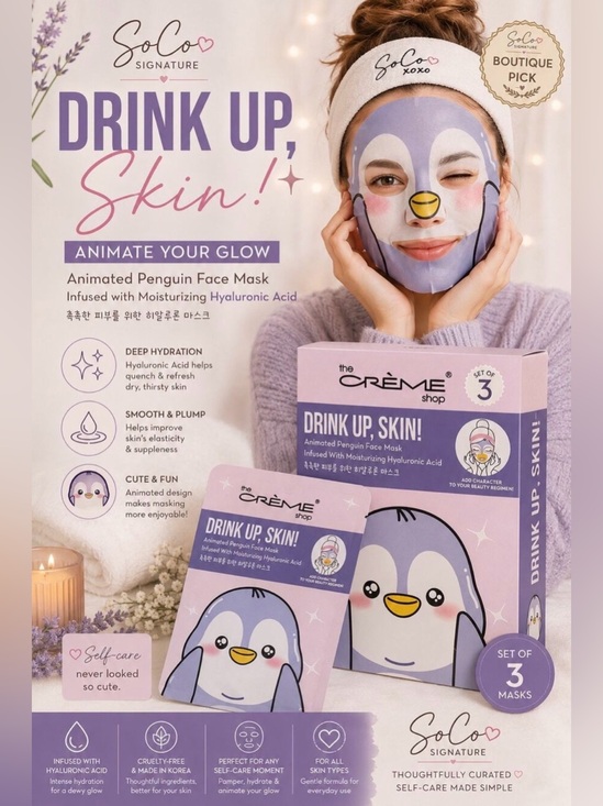 The Creme Shop Accessories - The Crème Shop Drink Up Skin Penguin Sheet Masks Set of 3 Hyaluronic Acid